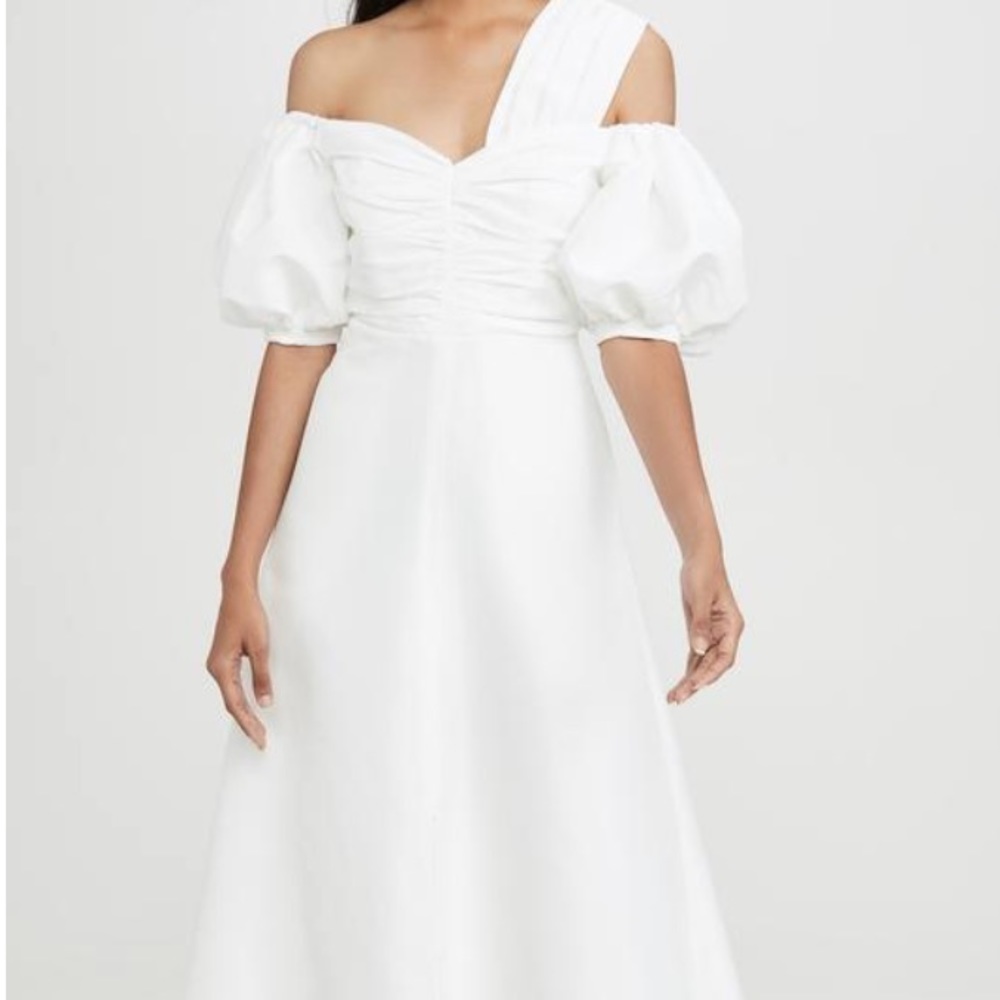 White/Ivory Ruched Taffeta Midi Cocktail Dress